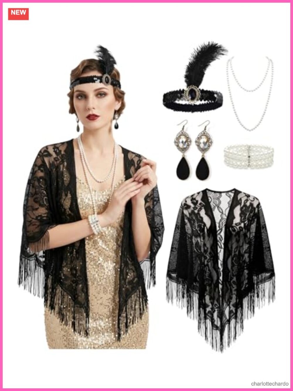 5Pcs 1920s Flapper Accessory Set Feather Headband Fringe Shawl Faux Pearl